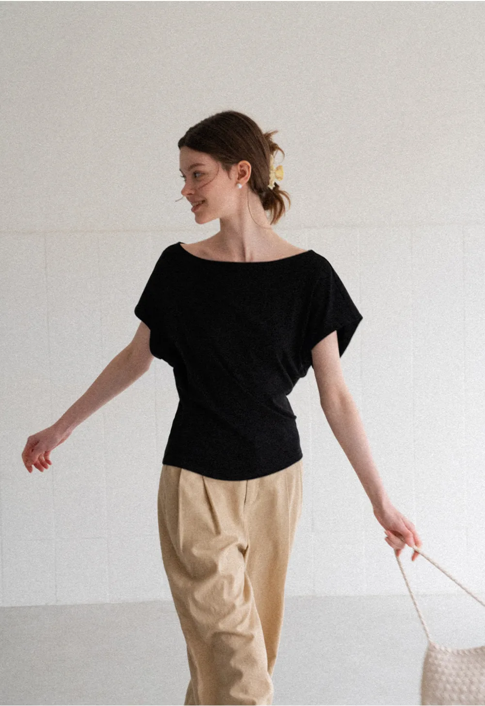 Relaxed Fit Boat Neck Short Sleeve T Shirt