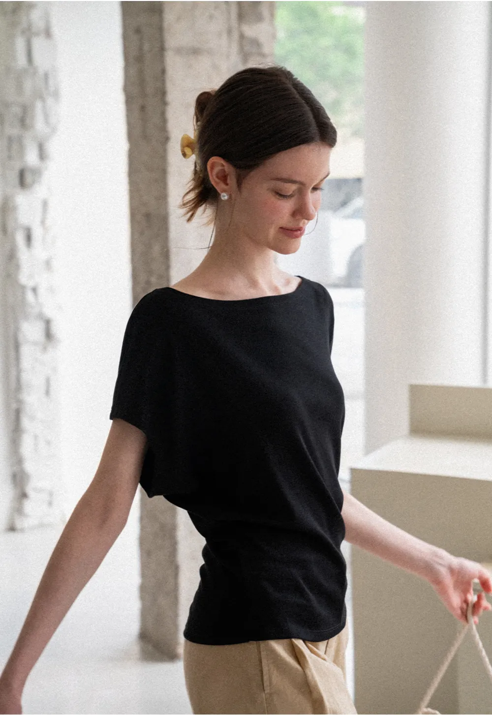 Relaxed Fit Boat Neck Short Sleeve T Shirt