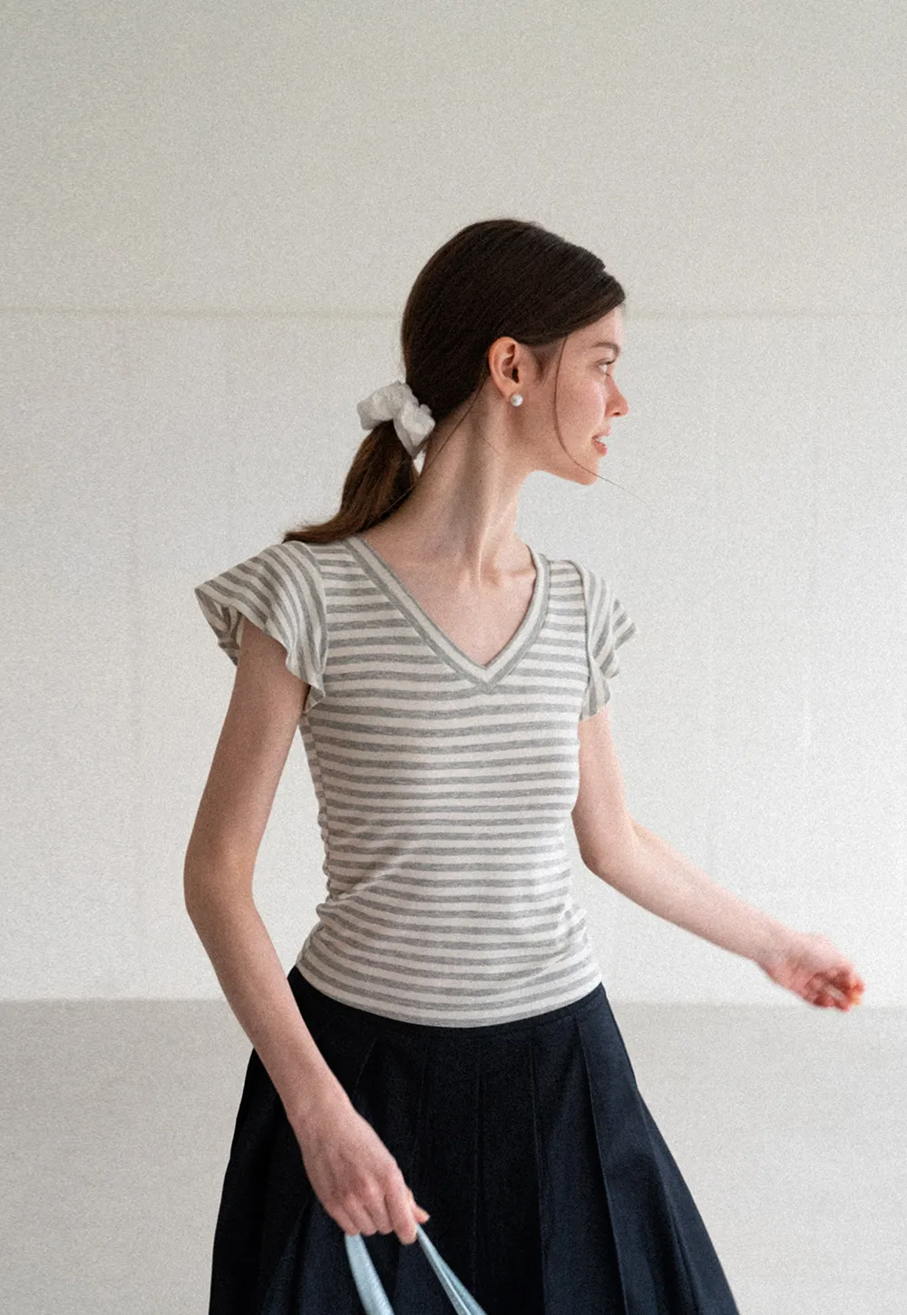 V Neck Striped Cap Sleeve T Shirt