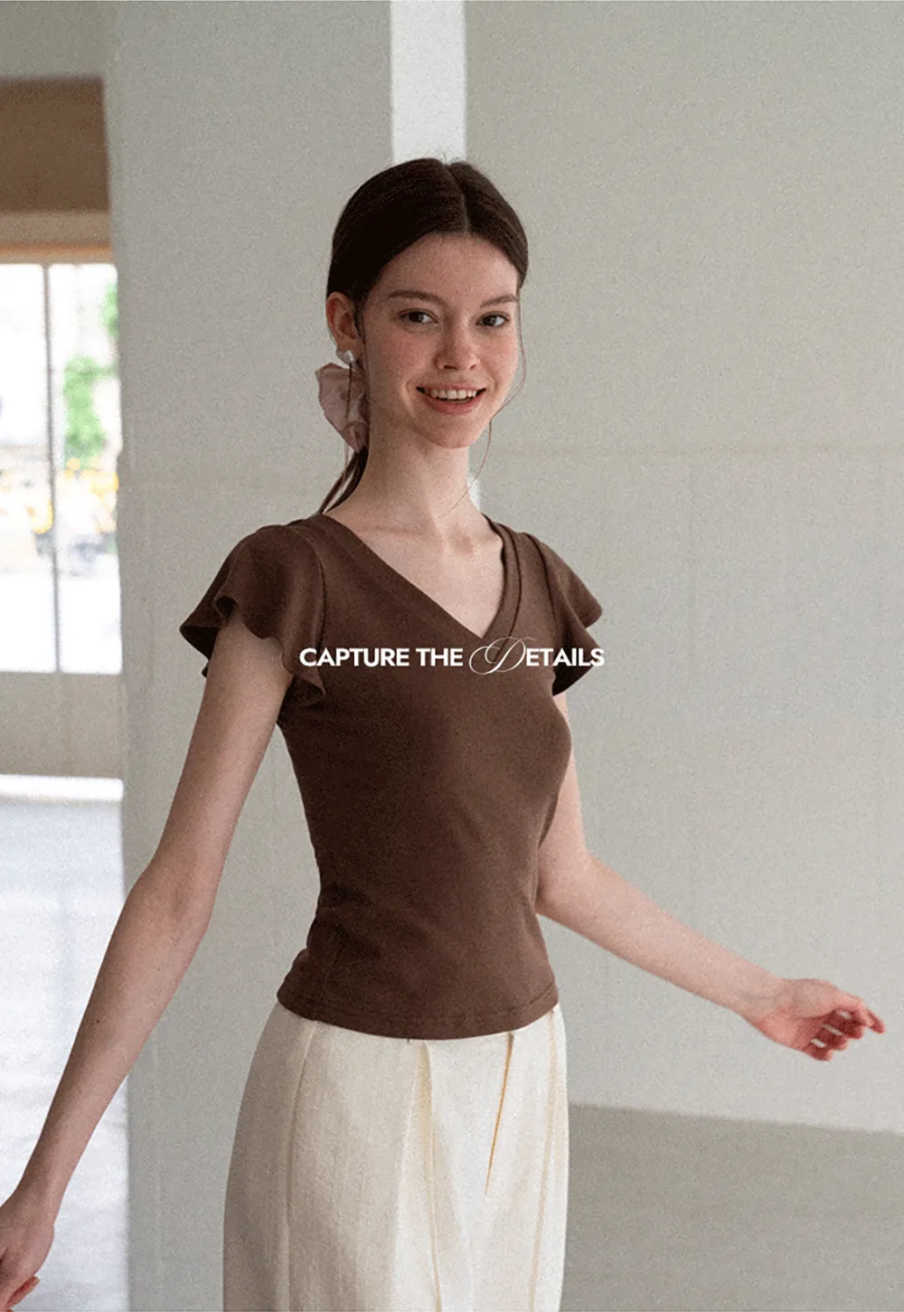 V Neck Striped Cap Sleeve T Shirt