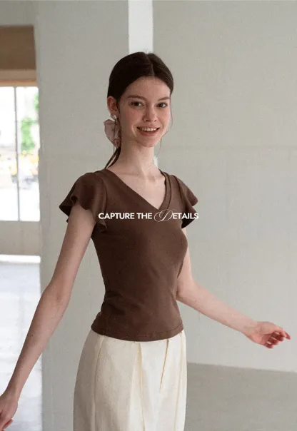 V Neck Striped Cap Sleeve T Shirt