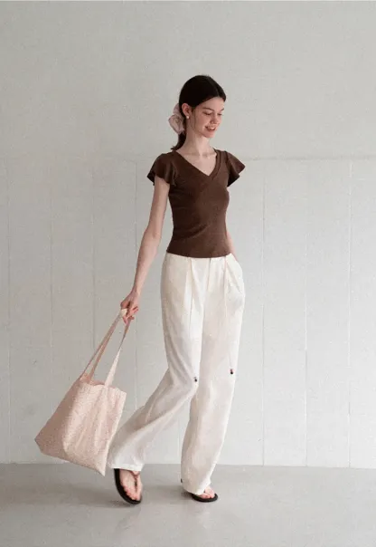 V Neck Striped Cap Sleeve T Shirt