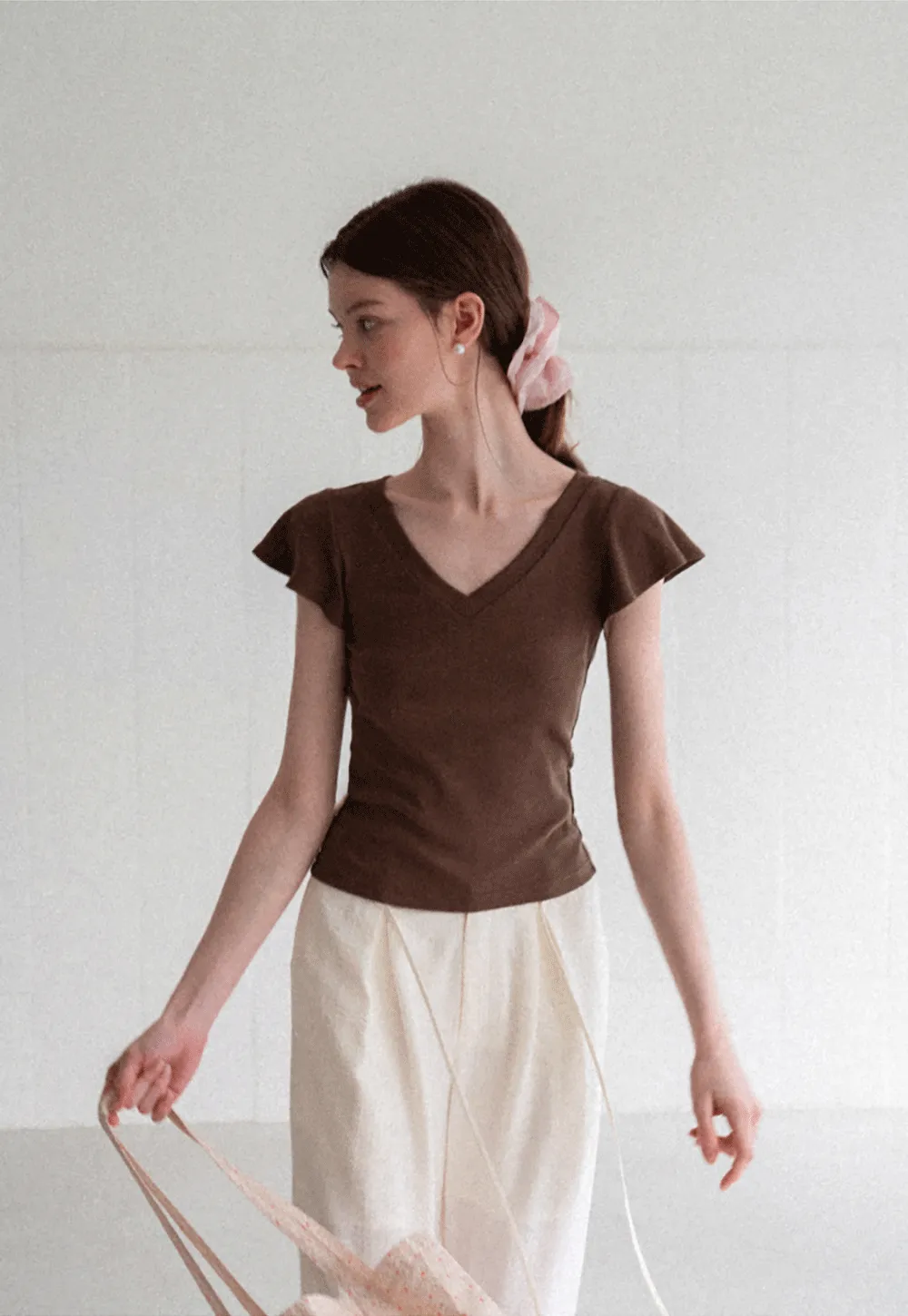 V Neck Striped Cap Sleeve T Shirt