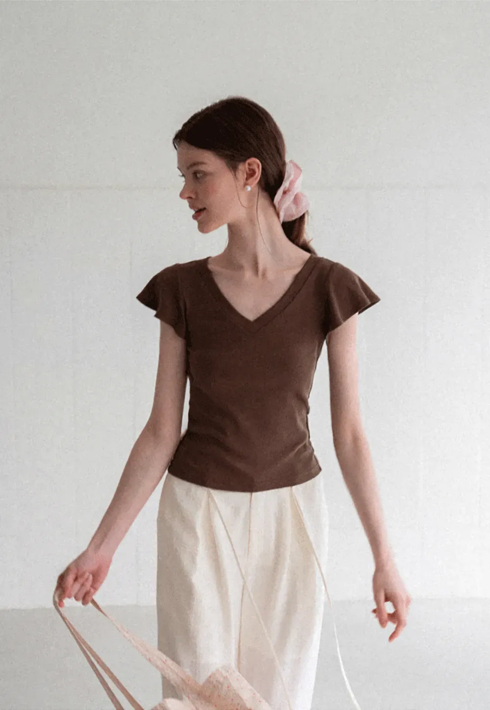 V Neck Striped Cap Sleeve T Shirt