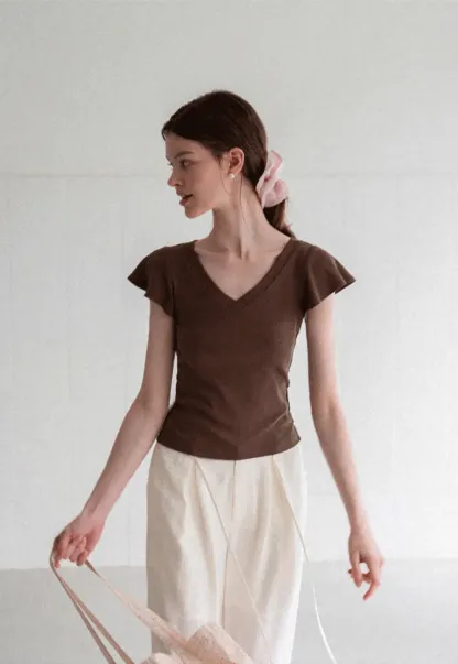 V Neck Striped Cap Sleeve T Shirt