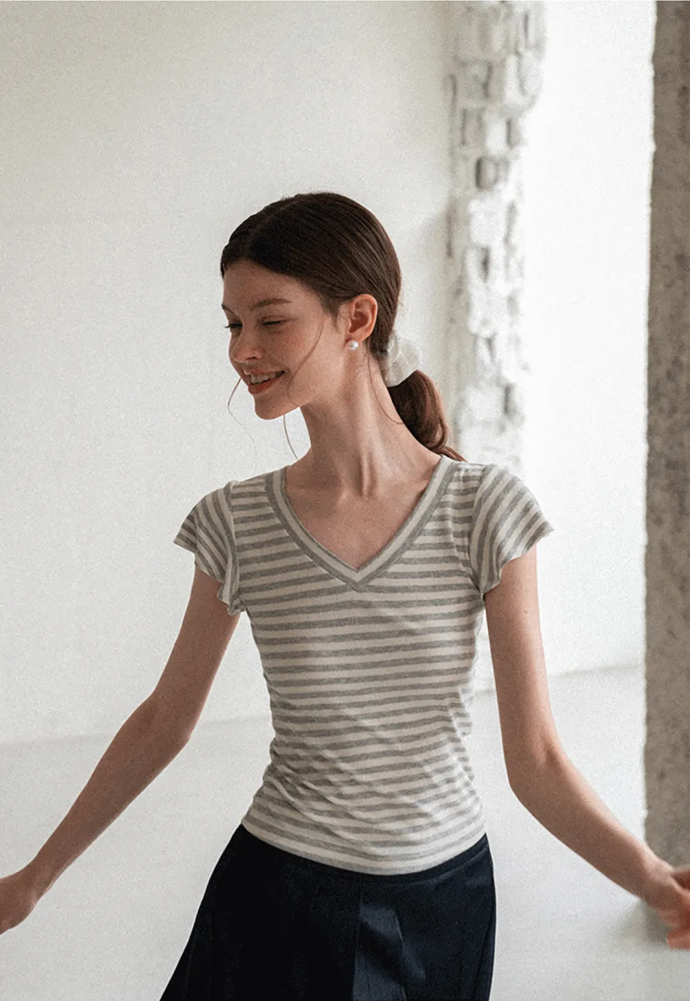 V Neck Striped Cap Sleeve T Shirt