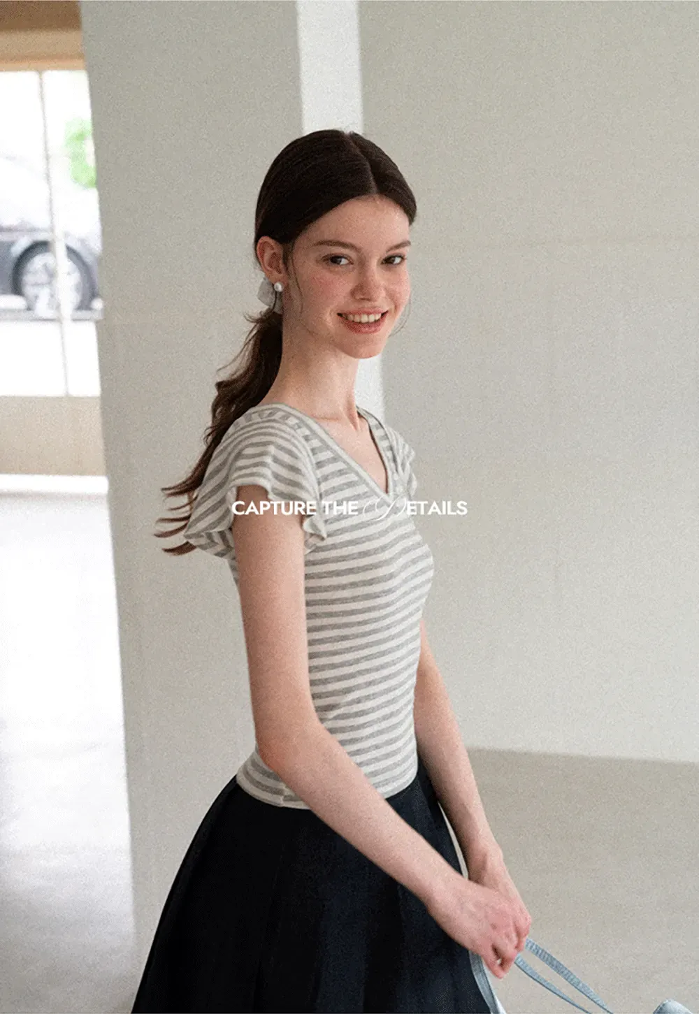 V Neck Striped Cap Sleeve T Shirt
