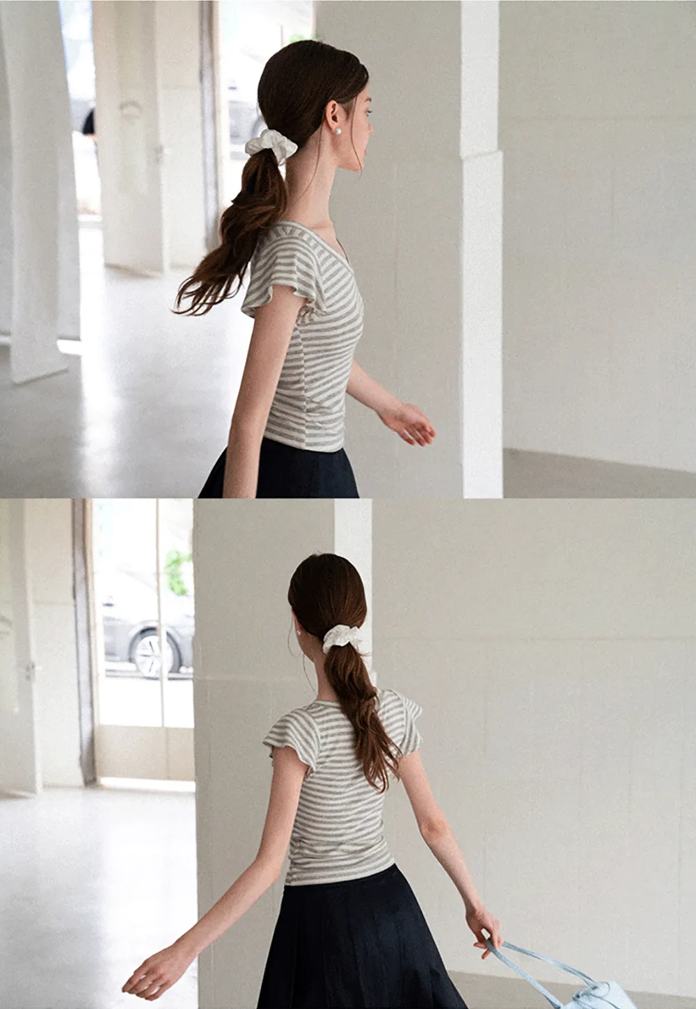 V Neck Striped Cap Sleeve T Shirt