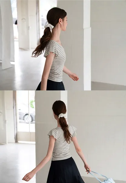 V Neck Striped Cap Sleeve T Shirt