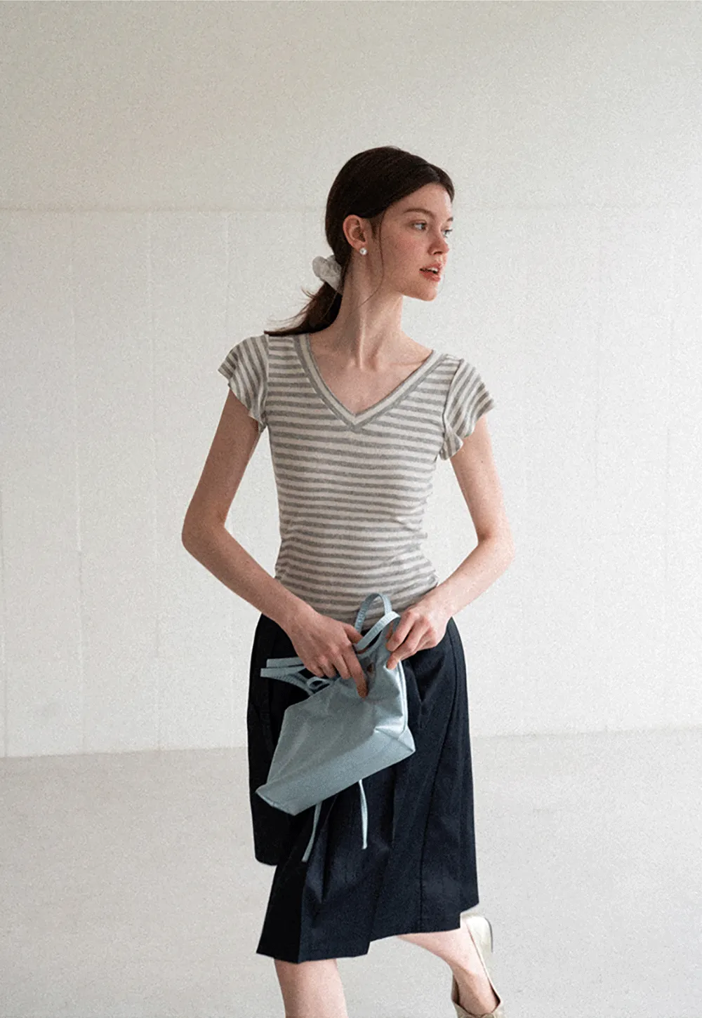 V Neck Striped Cap Sleeve T Shirt