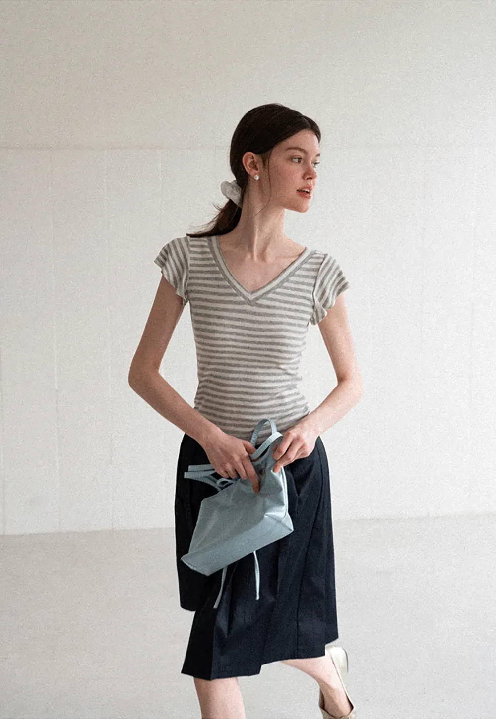 V Neck Striped Cap Sleeve T Shirt