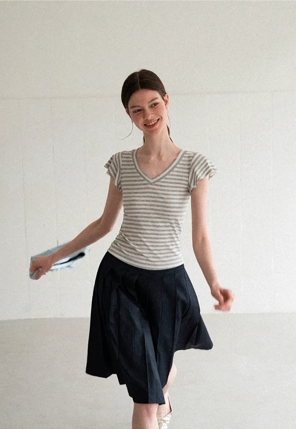 V Neck Striped Cap Sleeve T Shirt