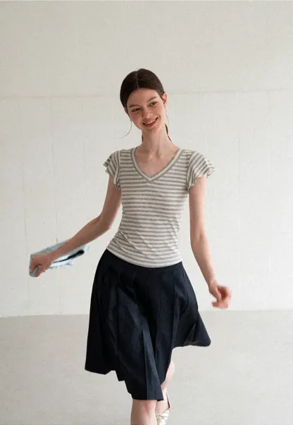 V Neck Striped Cap Sleeve T Shirt