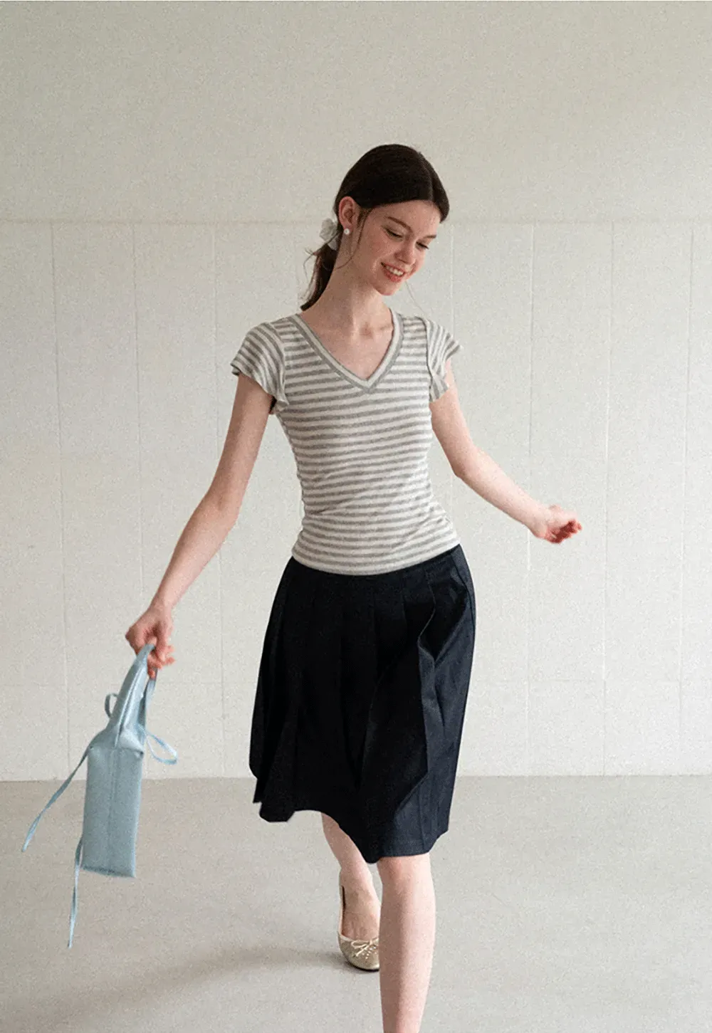 V Neck Striped Cap Sleeve T Shirt