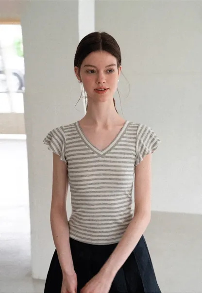 V Neck Striped Cap Sleeve T Shirt