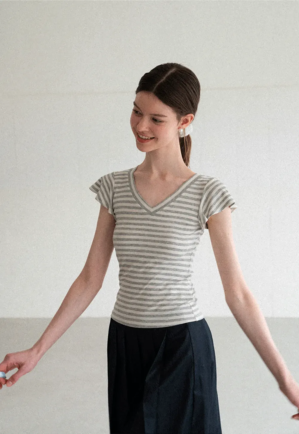 V Neck Striped Cap Sleeve T Shirt