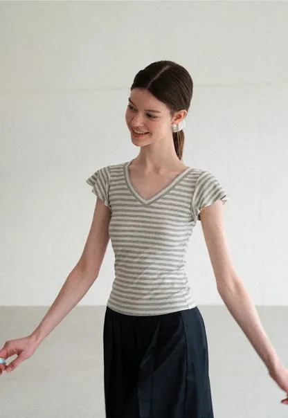 V Neck Striped Cap Sleeve T Shirt