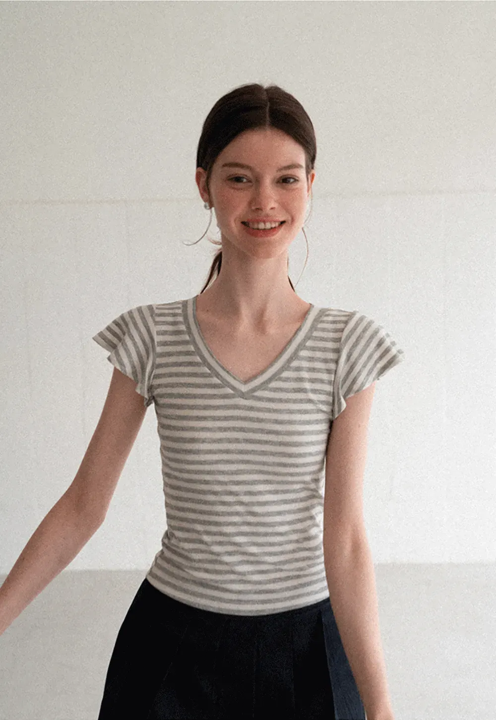 V Neck Striped Cap Sleeve T Shirt