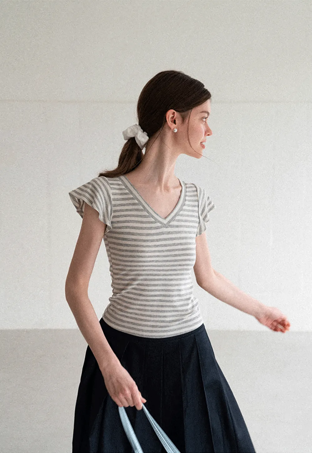 V Neck Striped Cap Sleeve T Shirt