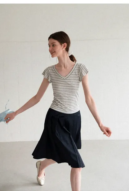 V Neck Striped Cap Sleeve T Shirt