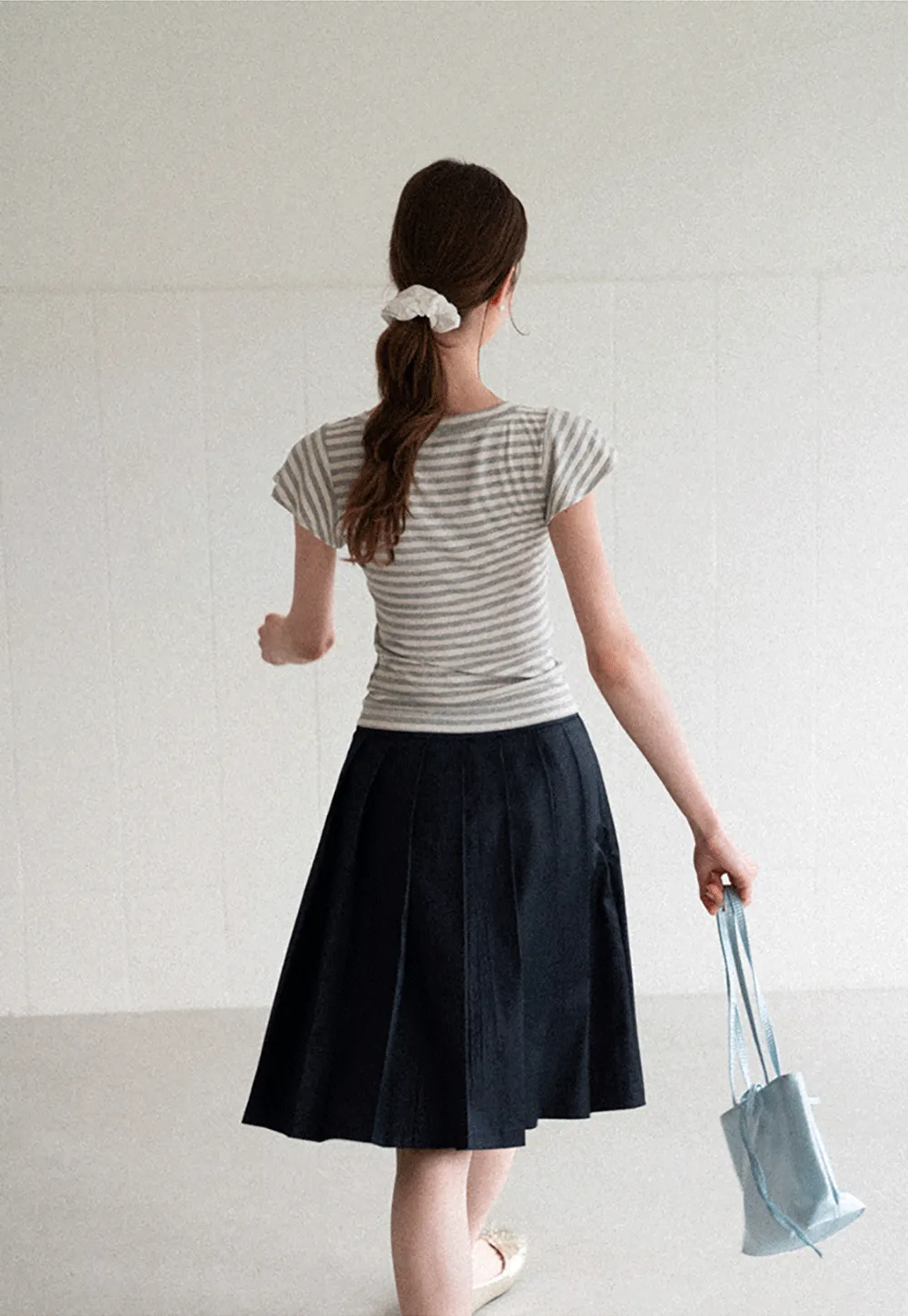 V Neck Striped Cap Sleeve T Shirt