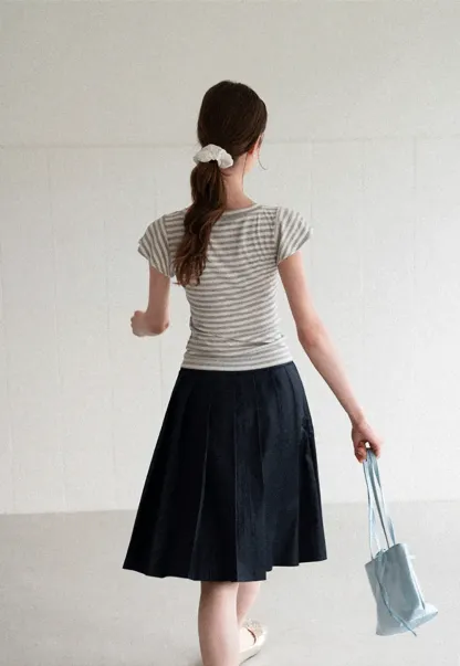 V Neck Striped Cap Sleeve T Shirt