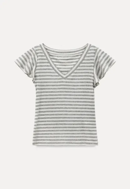 V Neck Striped Cap Sleeve T Shirt