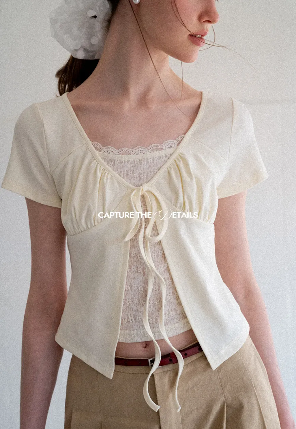 Lace Trim Front Tie Short Sleeve Top