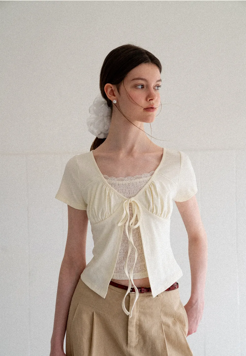 Lace Trim Front Tie Short Sleeve Top