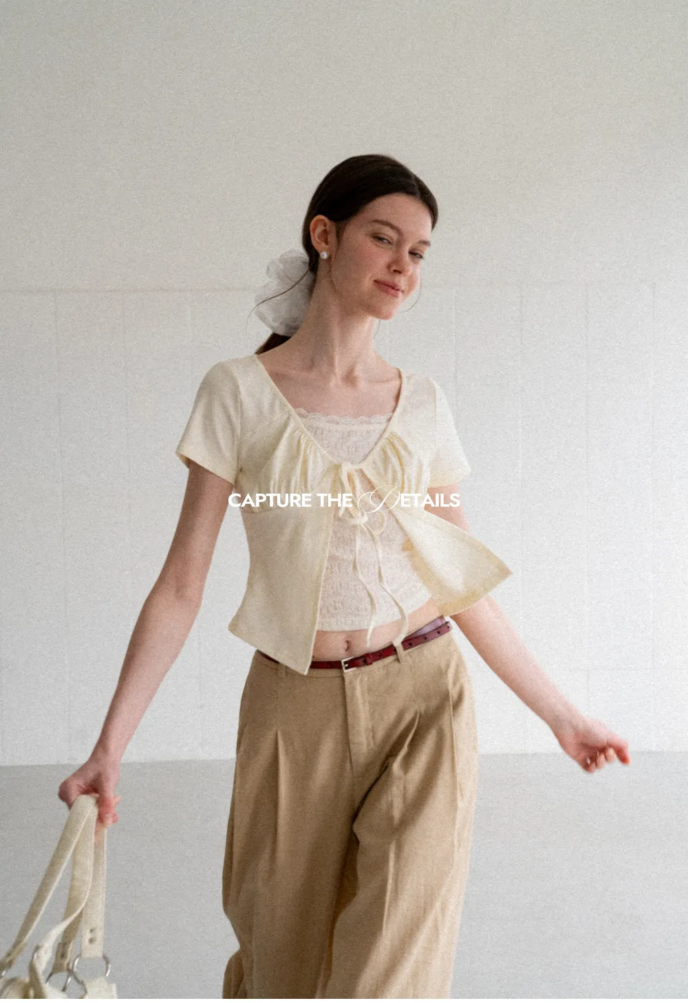 Lace Trim Front Tie Short Sleeve Top