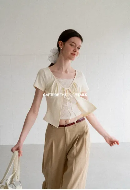 Lace Trim Front Tie Short Sleeve Top