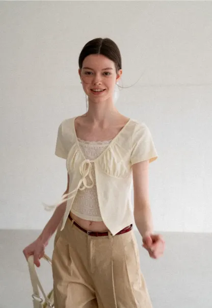 Lace Trim Front Tie Short Sleeve Top