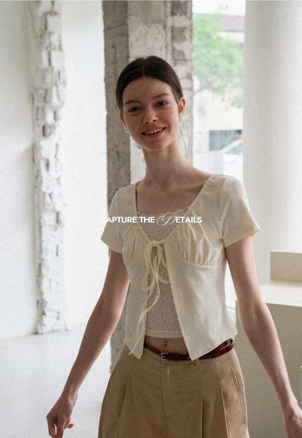 Lace Trim Front Tie Short Sleeve Top