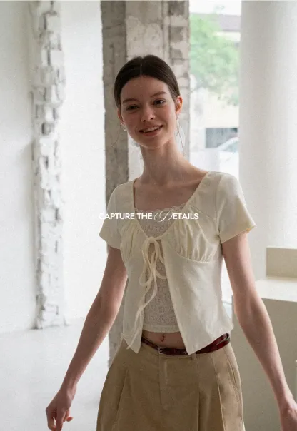 Lace Trim Front Tie Short Sleeve Top