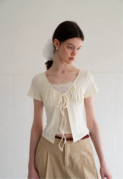 Lace Trim Front Tie Short Sleeve Top