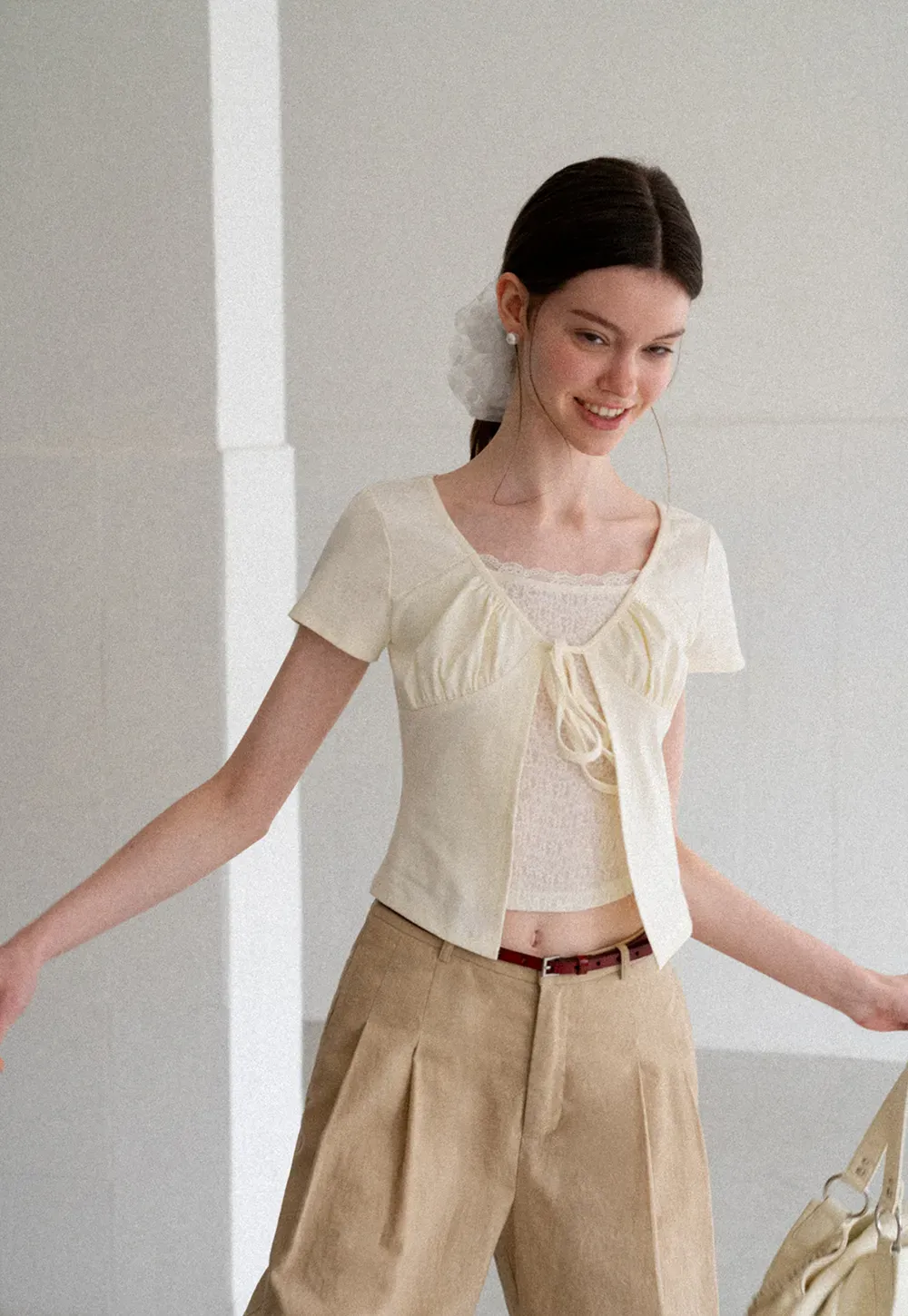 Lace Trim Front Tie Short Sleeve Top