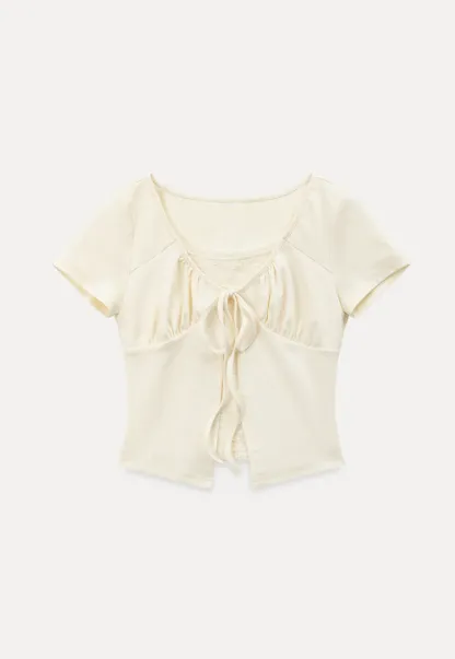 Lace Trim Front Tie Short Sleeve Top