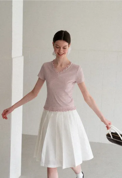 V Neck Lace Trim Short Sleeve T Shirt