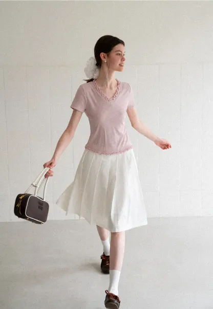 V Neck Lace Trim Short Sleeve T Shirt