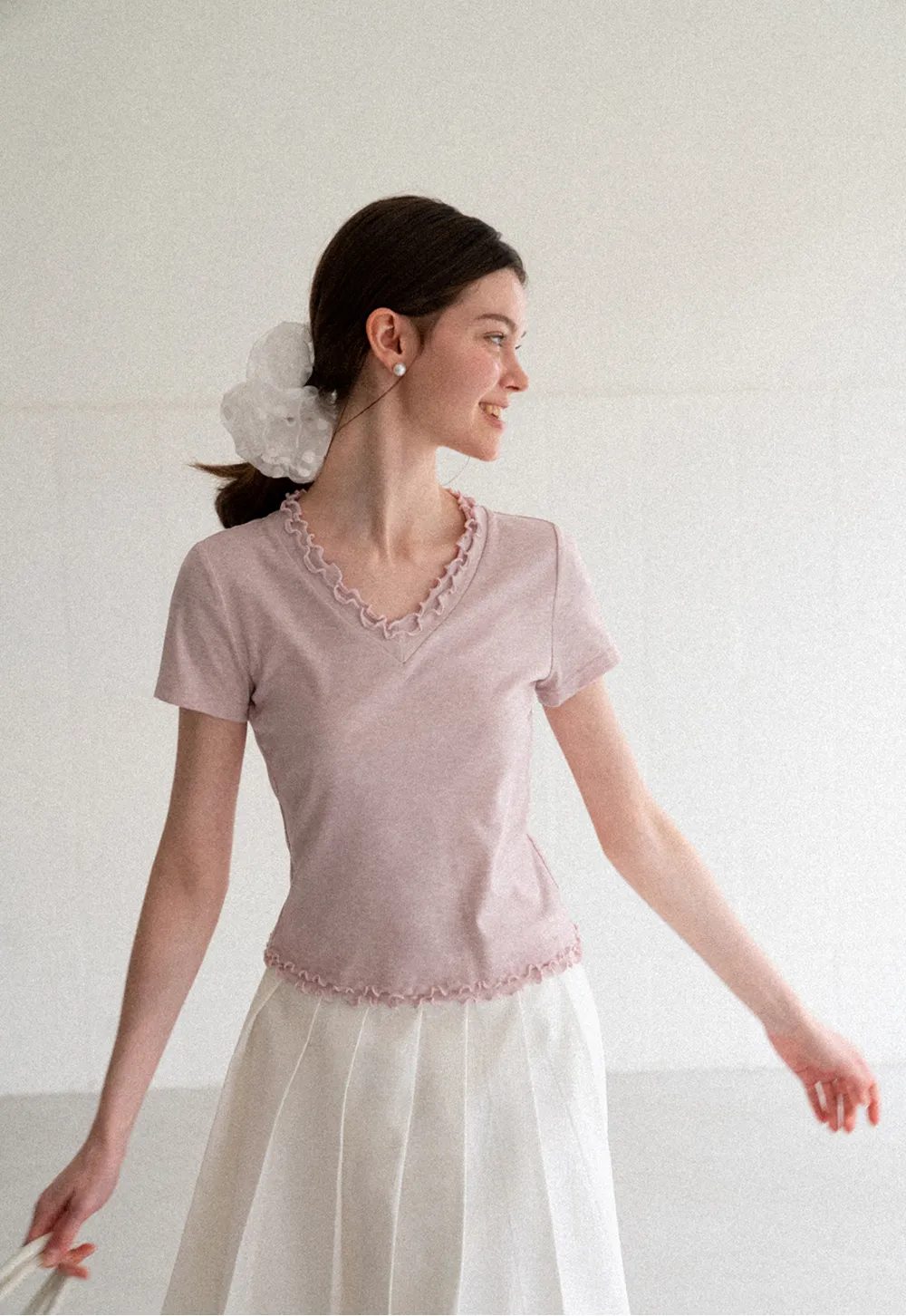 V Neck Lace Trim Short Sleeve T Shirt