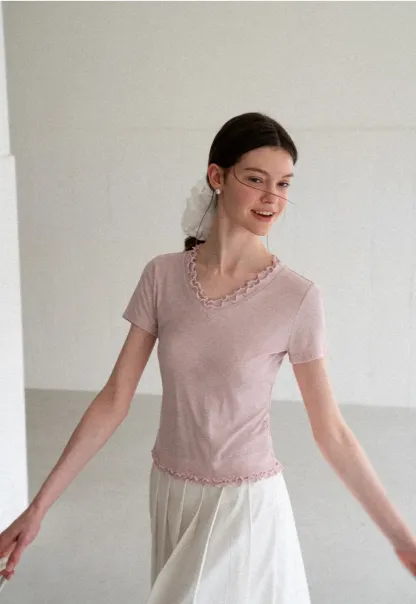 V Neck Lace Trim Short Sleeve T Shirt