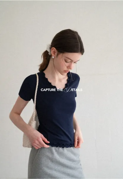 V Neck Lace Trim Short Sleeve T Shirt