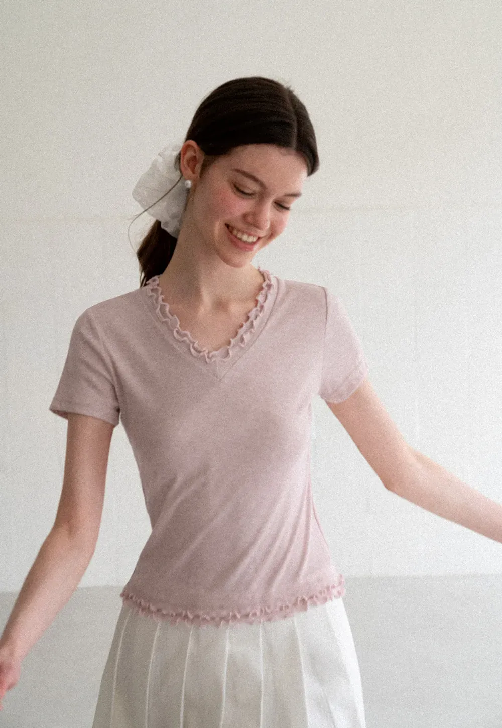 V Neck Lace Trim Short Sleeve T Shirt
