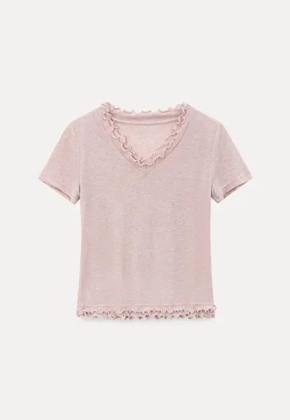 V Neck Lace Trim Short Sleeve T Shirt
