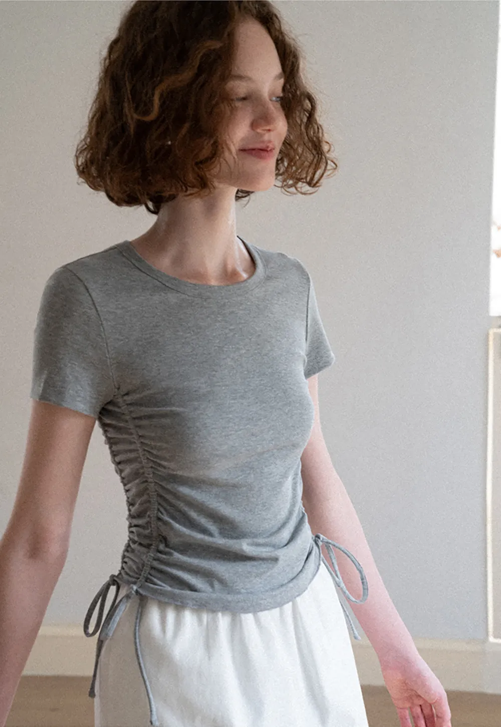 Side Ruched Short Sleeve Crew Neck T Shirt