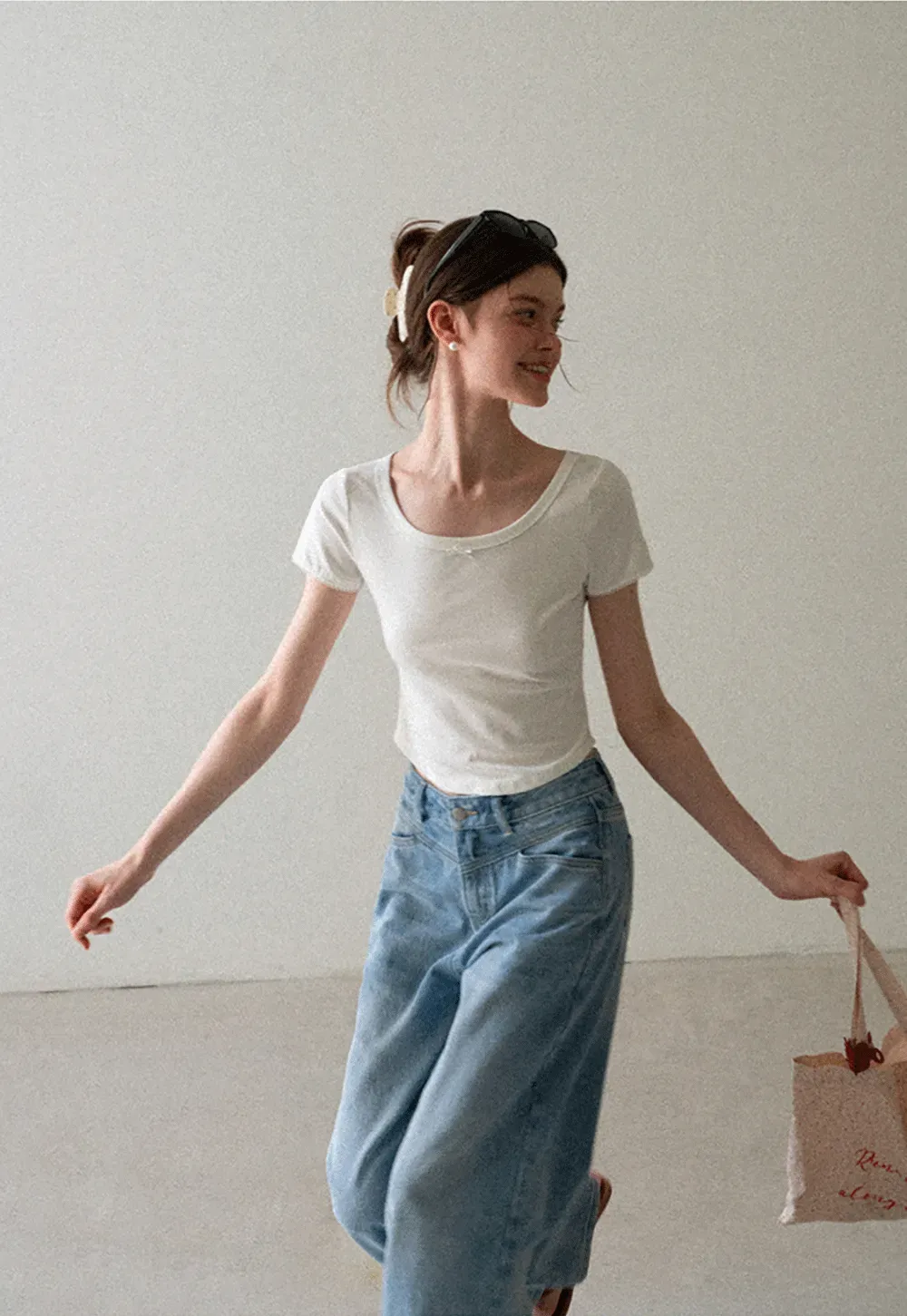 Cropped Ribbed Knit Short Sleeve T Shirt
