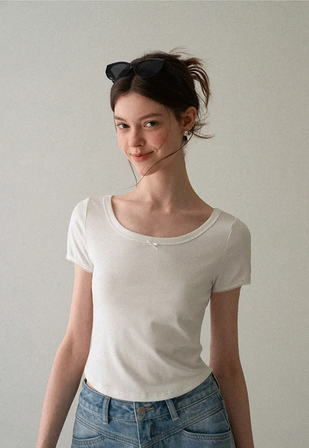 Cropped Ribbed Knit Short Sleeve T Shirt