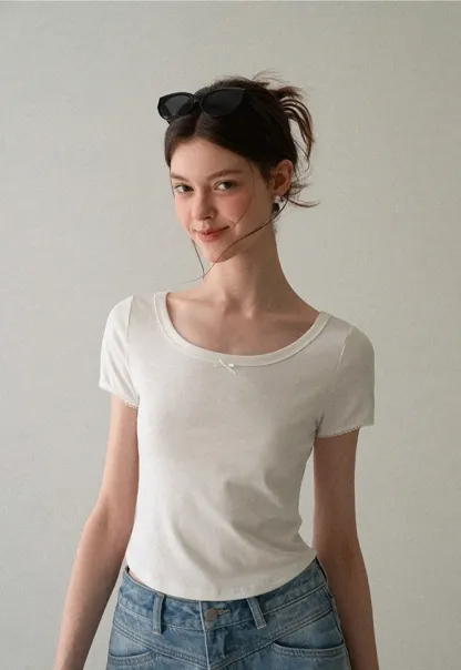 Cropped Ribbed Knit Short Sleeve T Shirt