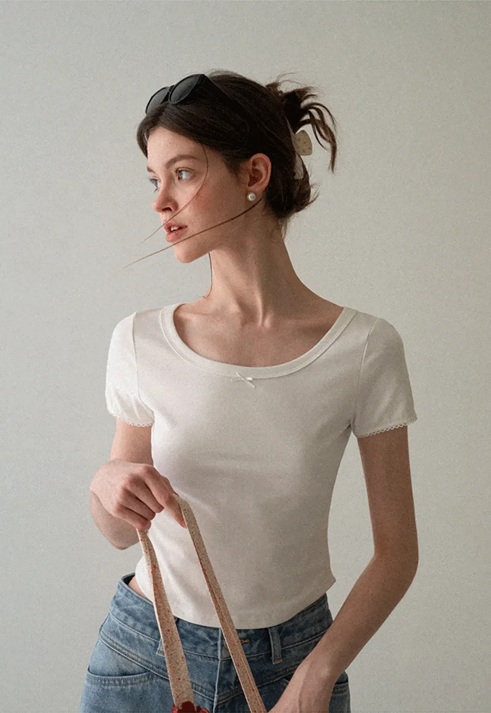 Cropped Ribbed Knit Short Sleeve T Shirt