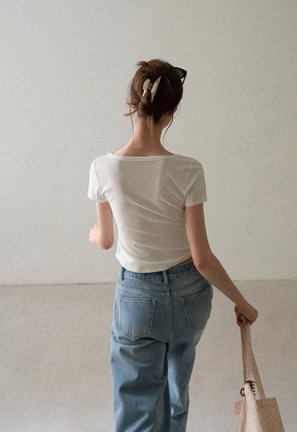 Cropped Ribbed Knit Short Sleeve T Shirt